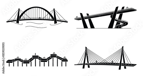 Set of four different black and white bicycle bridge vector silhouette graphic design