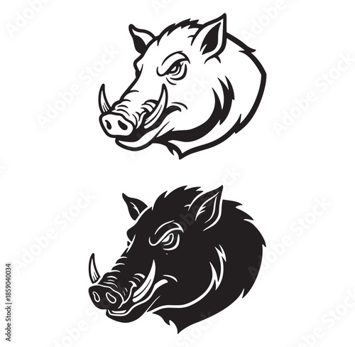 Two artistic illustrations of a wild boar head profile in contrasting black and white