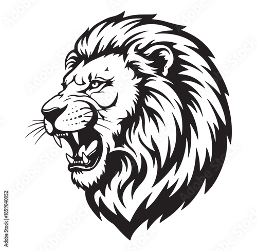 Powerful black and white vector illustration of a roaring lion head profile