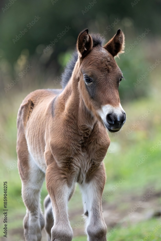 Fototapeta premium Fluffy brown foal with white muzzle standing in natural green setting