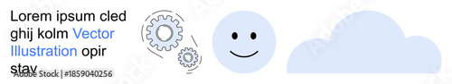 Creativity, innovation, positivity, happiness, cloud computing, digital connectivity. Gears, a happy face and a cloud on a clean background. Creativity and innovation visualization