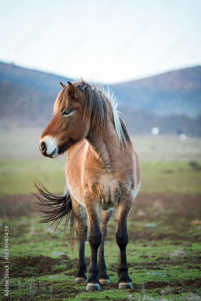 Obraz premium Sturdy wild horse with a shaggy mane standing in a grassy mountain field