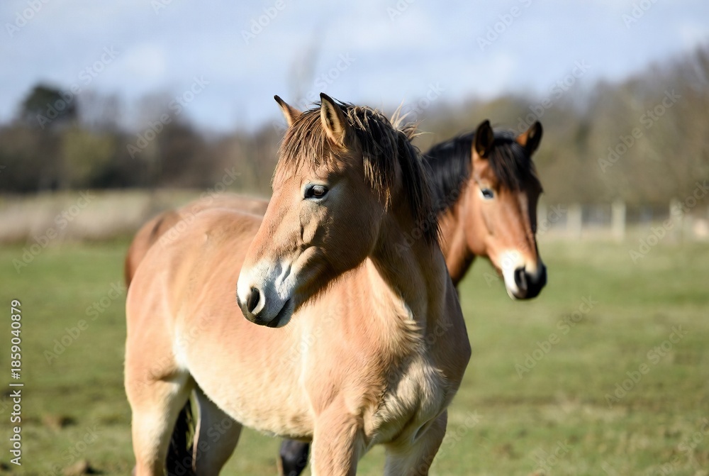 Obraz premium Two tranquil horses grazing in a vibrant green pasture under a bright blue