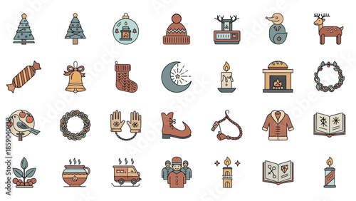 Collection of Winter and Holiday Themed Icons and Illustrations.