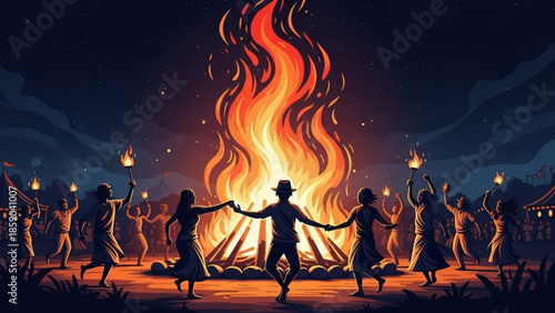 People dancing around a large bonfire at night with torches, silhouettes in warm light