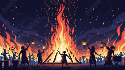 People dancing around a large bonfire at night with lanterns and sparks flying everywhere