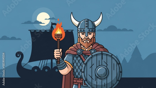 Viking warrior with horned helmet holding torch and shield standing in front of longship