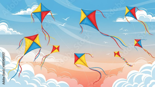 Colorful kites flying high in a clear blue sky with fluffy white clouds and birds
