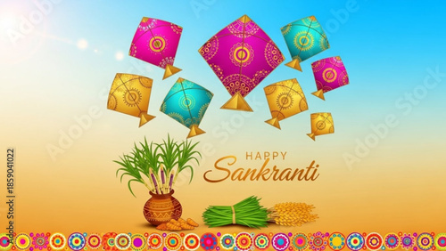 Happy sankranti festival celebration with colorful kites flying high in blue sky with green