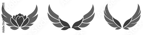 Minimal black silhouette illustration set featuring a winged rose and abstract angel wing leaf symbols, isolated on a white background. Clean decorative emblems suitable for logos, branding.