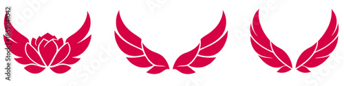 Stylized red illustration set featuring a winged rose and abstract angel wing symbols, isolated on a white background. Bold and modern decorative emblems suitable for branding, beauty, fashion.