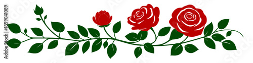 Decorative floral illustration of red roses in bloom and bud on a green leafy branch, isolated on a white background. Romantic botanical design suitable for weddings, love themes, and decorative use.