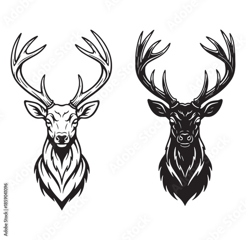 Two detailed vector illustrations of a deer head featuring intricate antlers in monochrome style