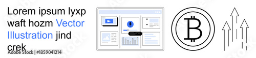 Cryptocurrency, blockchain, financial growth, digital investments, fintech innovation, economic analysis. Bitcoin symbol, upward arrows and data diagram. Cryptocurrency and financial growth concept
