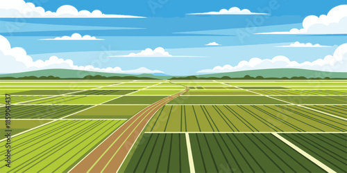 A vibrant summer landscape featuring a lush green grass meadow under a bright blue sky with white clouds over the rural countryside horizon