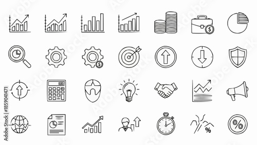 Collection of business and finance related icons and symbols.