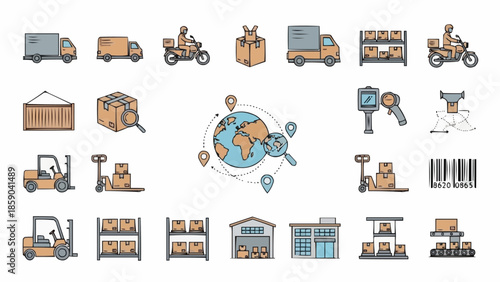 Logistics and Delivery Icons Set Transportation and Warehouse Services.