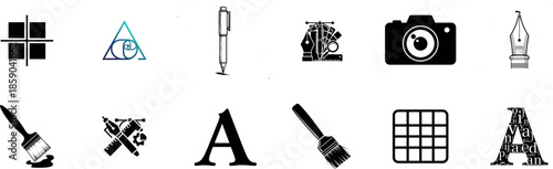 A collection of various icons and symbols in black and white