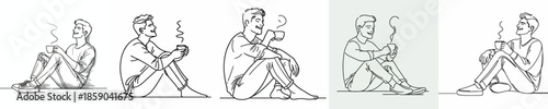 vector of a man sitting on floor relaxed enjoying coffee