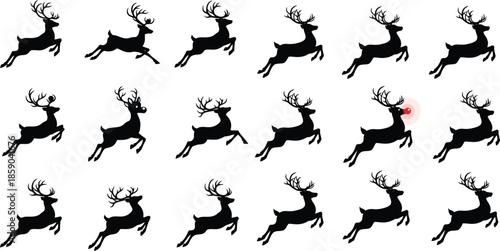 Collection of running reindeer silhouettes on a white background, set against a clear sky, graphic art style