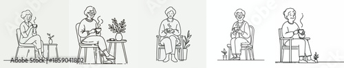 vector of a grandmother sitting on chair relaxed enjoying coffee