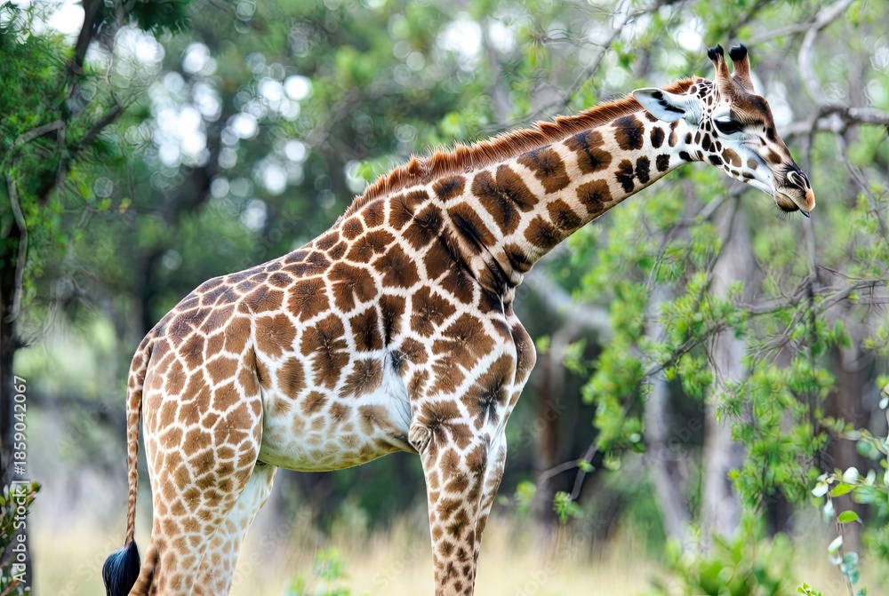 Fototapeta premium A majestic giraffe stands in a natural green environment, reaching down to graze on…