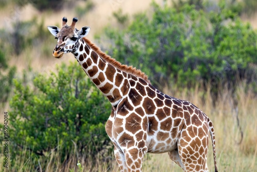 A beautiful young giraffe poses gracefully amidst the blurred green and brown