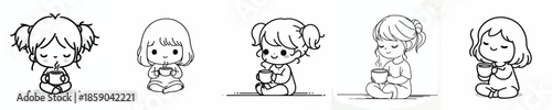 vector of a little girl sitting on floor relaxed enjoying coffee