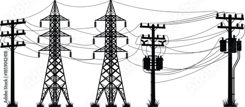 Silhouette of High-Voltage Transmission Towers, Utility Poles with Transformers and Power Lines, Electrical Grid Infrastructure, Modern Energy Distribution Vector Illustration