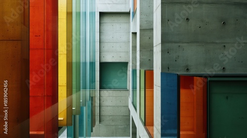 A monumental architectural design showcases strong vertical concrete walls paired with vibrant metallic accents contrasting tones Clear professional