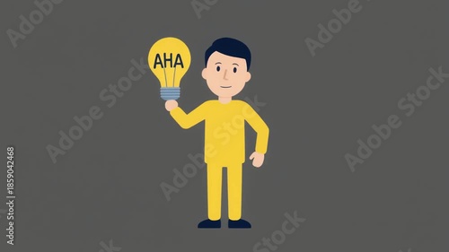 Cartoon character idea yellow 2D man holding glowing AHA lightbulb innovation inspiration creative thinking solution animation.