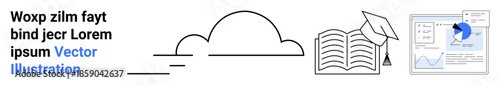 Education, e-learning, data visualization, online study, graduation, knowledge sharing. Open book, cloud and analytical diagram. Education and e-learning concept