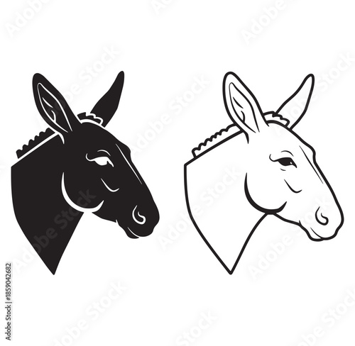 Vector illustration of a donkey head silhouette in black and white for design elements