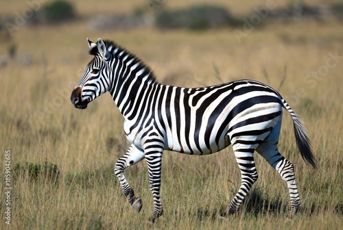 Majestic zebra trotting through dry African savanna grasslands