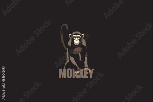 Stylized monkey illustration standing with tail raised, modern flat vector design with bold shapes and dark tones, suitable for logo, mascot, wildlife, animal theme, isolated on black background.