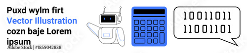 Robot sharing binary code speech with a calculator and text. Ideal for AI, coding, data analysis, education, automation, artificial intelligence, and simple landing page
