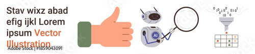 Artificial intelligence, data analysis, automation, research tools, tech innovation, decision-making. Robot with magnifier, funnel filtering data thumbs up. AI and data analysis concepts