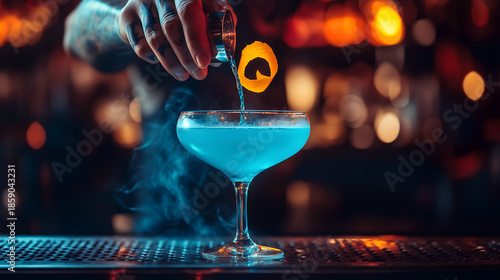 Artistic Blue Cocktail with Smoke