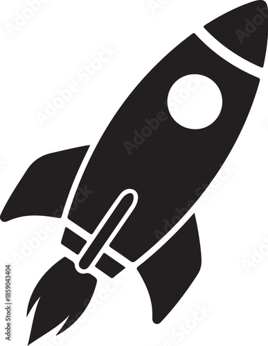 Black rocket ship soaring through space with white outline