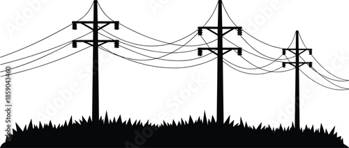 Silhouette of Utility Poles and Power Lines over Grass, Electrical Infrastructure Vector Illustration, Perspective Composition, Minimalist Skyline, Energy Distribution Concept