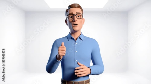 Animated character presenting in a minimalistic space