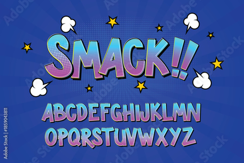 Colorful pastel alphabet letters with ghosts and stars on blue background