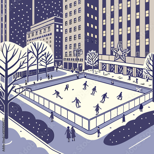 a winter scene depicts an ice skating rink surrounded by tall buildings and sparse trees with falling snow