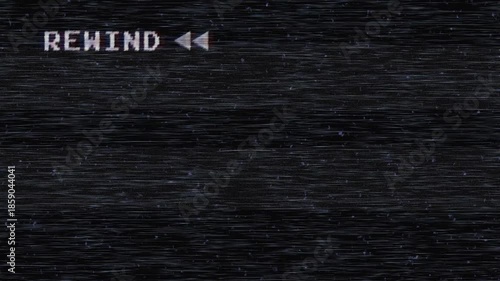 Rewind sign, arrows marks, VHS noise texture. Static noise, glitch effect. Rewind screen with horizontal lines on a black background ideal for retrothemed projects like videos.