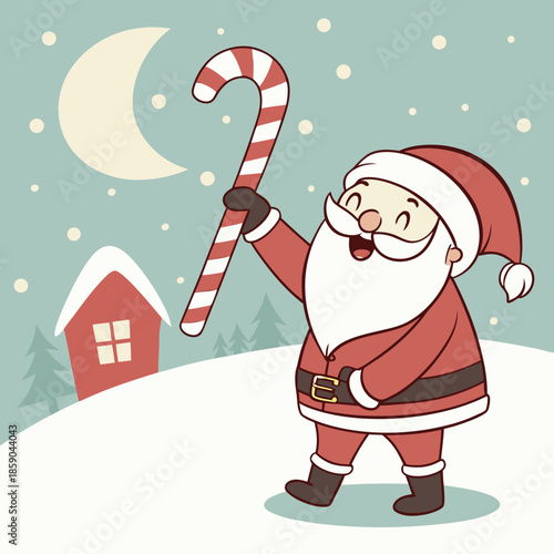 a cheerful santa claus illustration holds a red and white striped candy cane against a wintery moonlit backdrop with a
