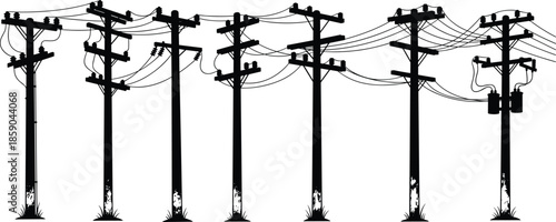 Silhouette utility poles and power lines, electrical distribution infrastructure, overhead wires and transformers, rural and urban landscape, vector illustration for engineering maintenance