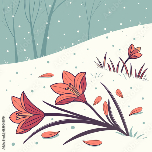 a vibrant illustration depicts a majestic waterfall cascading down a rocky cliff into a serene pool below bathed in sunlight