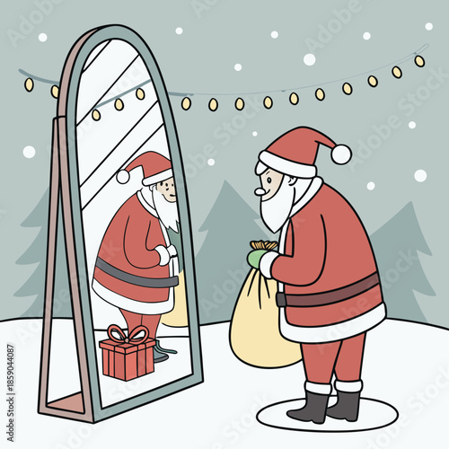 a charming illustration depicts santa claus admiring his reflection in a full length mirror near christmas lights and gifts