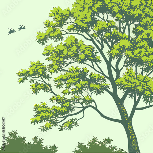 a lush green tree with dense foliage dominates the scene as birds fly across the pale blue sky above