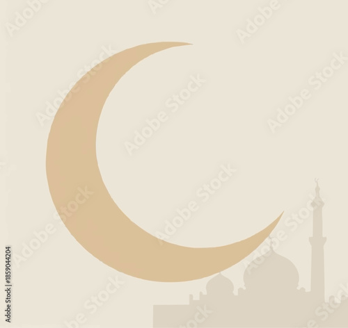 Vector illustration of a blue mosque in Istanbul at night featuring a yellow crescent moon and star symbol in the dark sky as a modern flat icon design